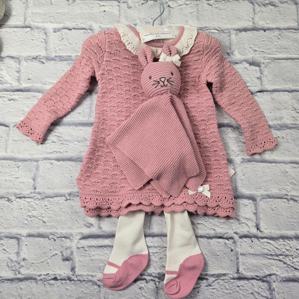 NWT Cupcakes and Cashmere Pink Knit Dress White Tights Bunny Lovey 6 to 9 months - Picture 2 of 16